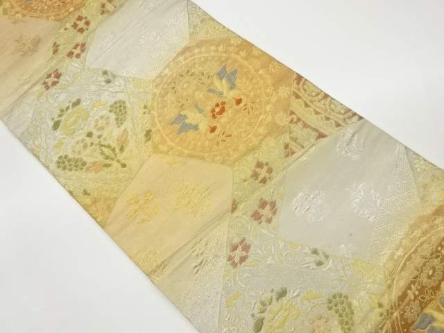 JAPANESE KIMONO / VINTAGE FUKURO OBI / MATELASSE / WOVEN BIRDS & FLORAL PLANTS